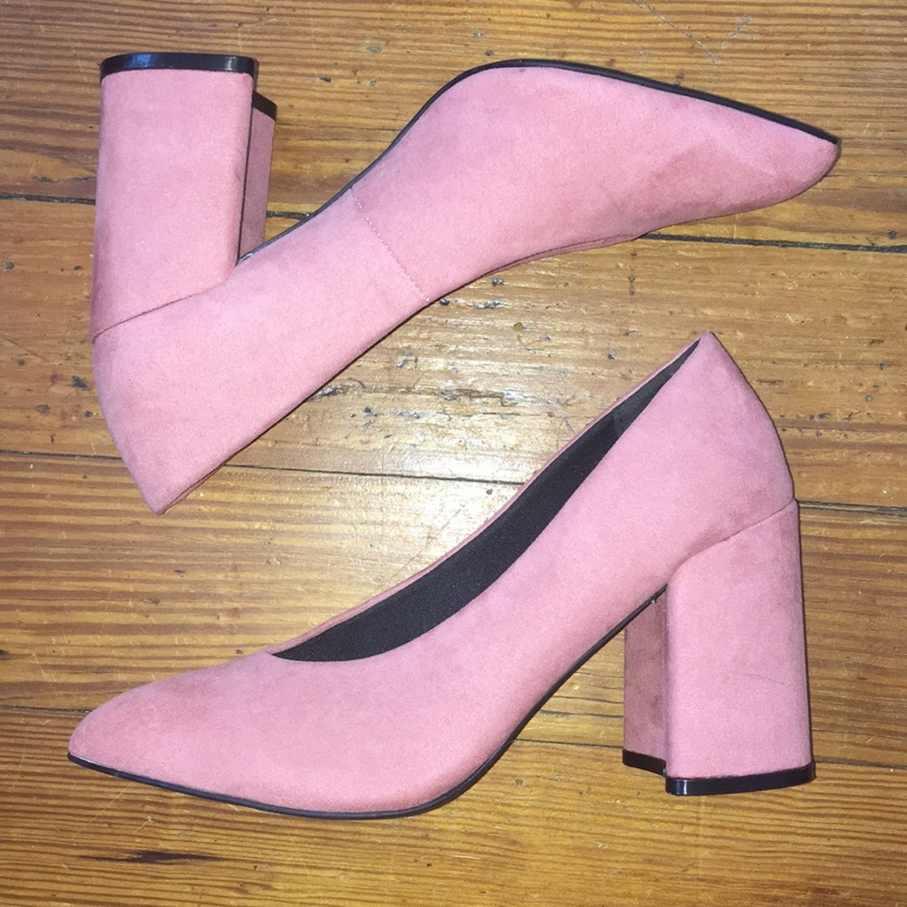 Pink Suede Qupid Pumps with Chunky Heel